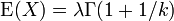 \textrm{E}(X) = \lambda \Gamma(1+1/k)\,