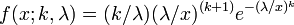 f(x;k,\lambda)=(k/\lambda) (\lambda/x)^{(k+1)} e^{-(\lambda/x)^k}